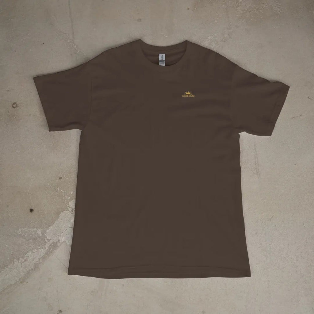 Front of a Espresso tee laid flat, with the small Velvet Static logo on the left chest.