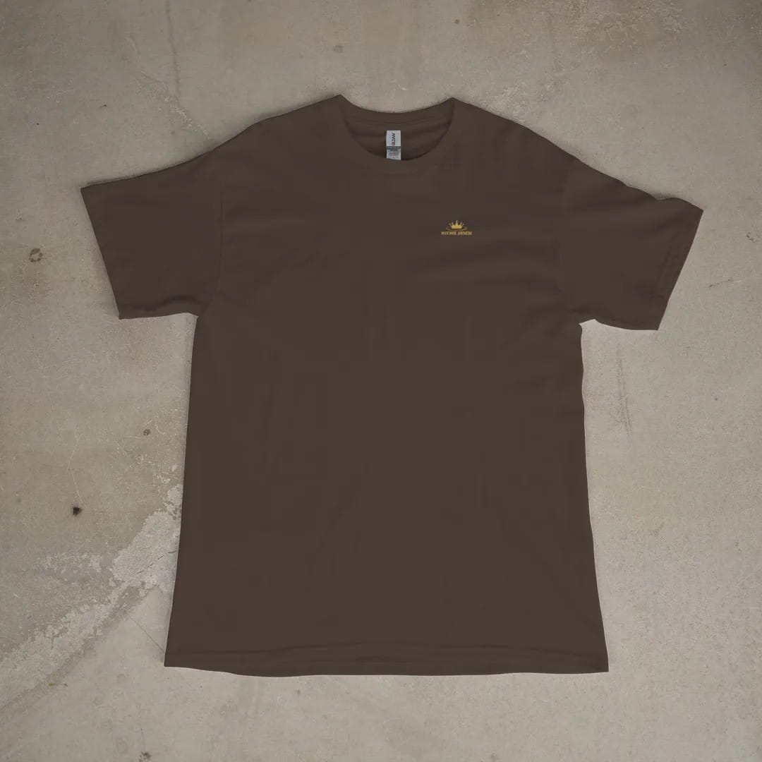 Front of a Espresso tee laid flat, with the small Velvet Static logo on the left chest.
