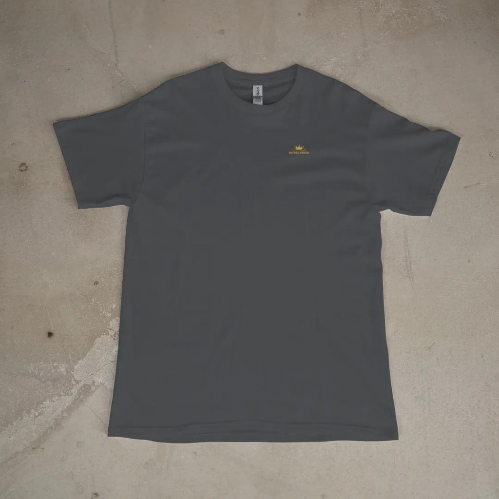 Front of a Graphite tee laid flat, with the small Velvet Static logo on the left chest.