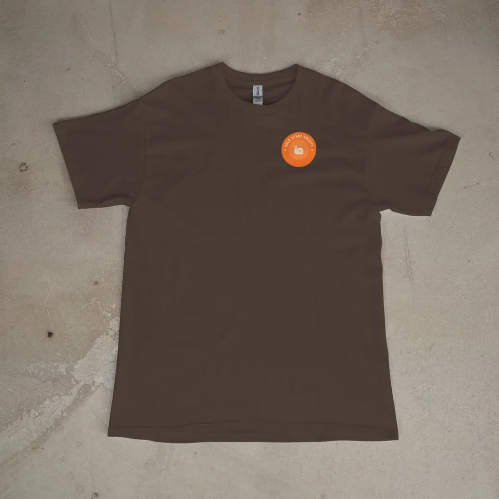 Front of a Espresso tee laid flat, with the small Cold Start Society logo on the left chest.