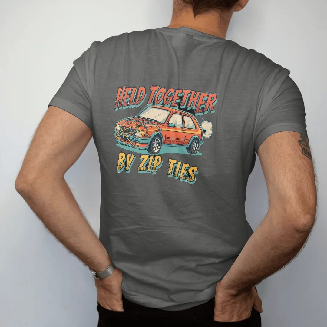Man wearing a Pepper tee, seen from the back: a generic 90s hatchback with its bumper and hood held on by bright zip ties, Held Together By Zip Ties lettering, in cream, orange, yellow and teal.