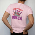 Man wearing a Blossom tee, seen from the back: a sparkling crown dripping candy paint on top of a chrome rim with hearts, under Candy Paint and over Queen, in deep red, purple and gunmetal.