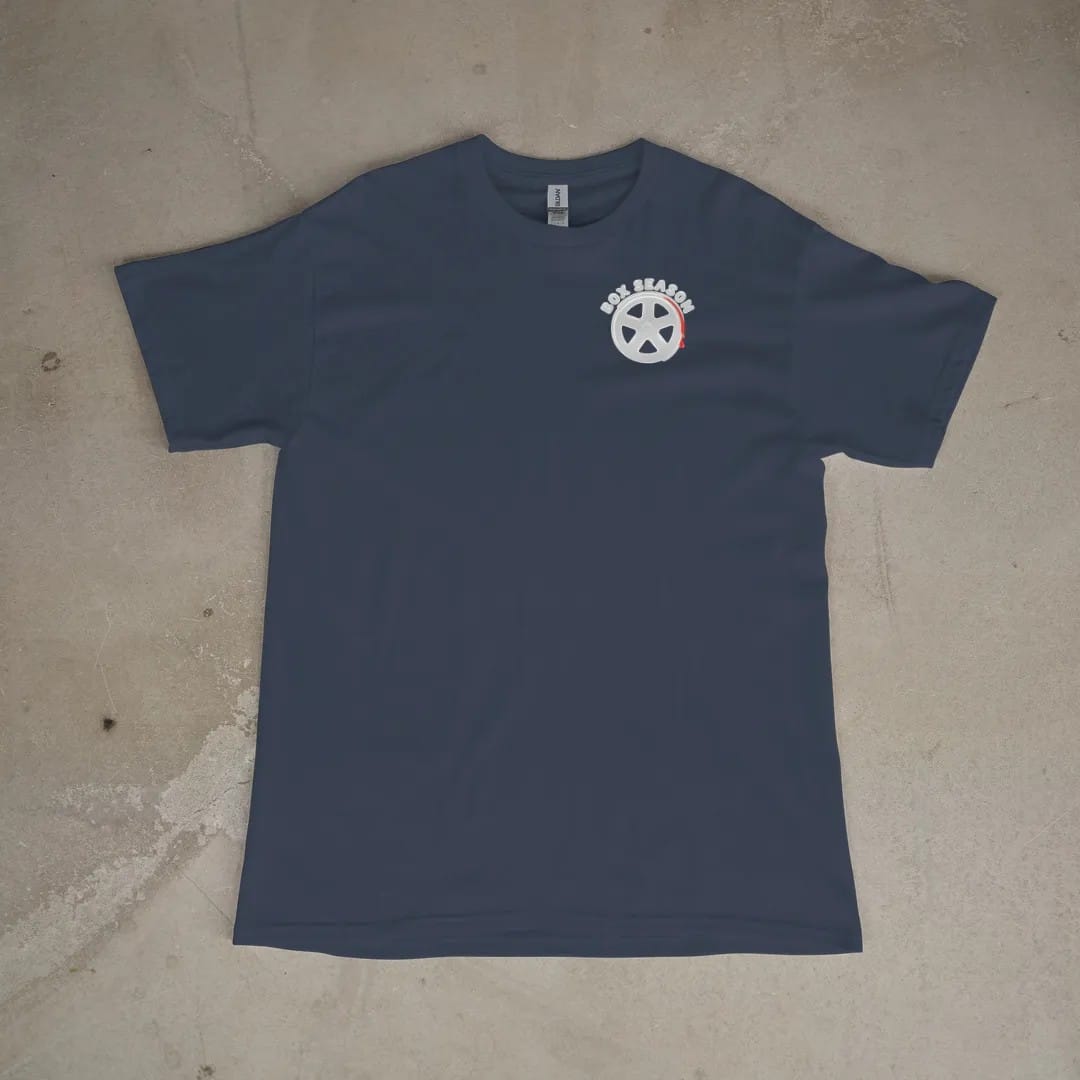 Front of a Midnight tee laid flat, with the small Box Season Customs logo on the left chest.
