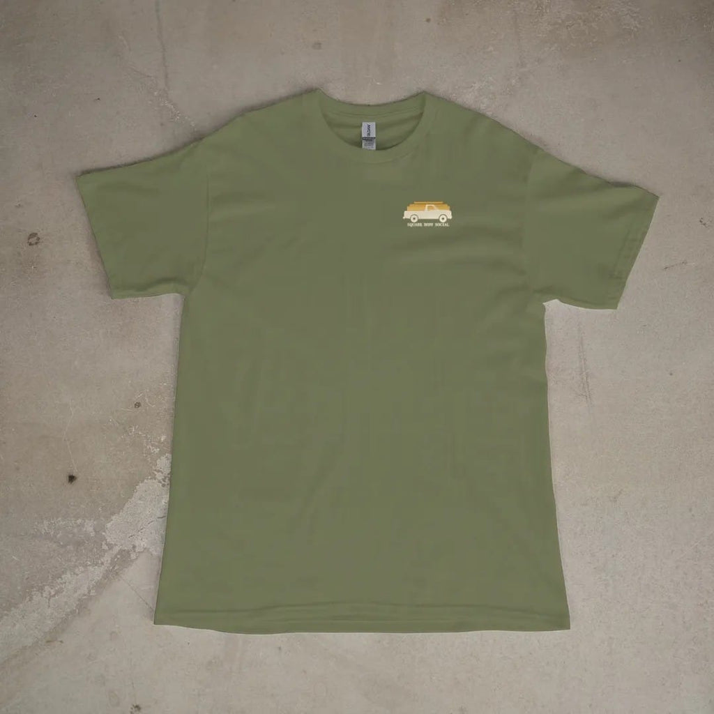 Front of a Moss tee laid flat, with the small Square Body Social logo on the left chest.
