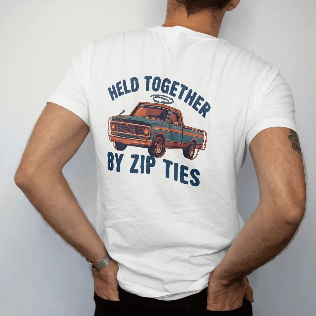 Man wearing a White tee, seen from the back: a square-body pickup with a mismatched fender, bungee-strapped hood and zip ties everywhere, under Held Together and over By Zip Ties, in rust, teal and navy.
