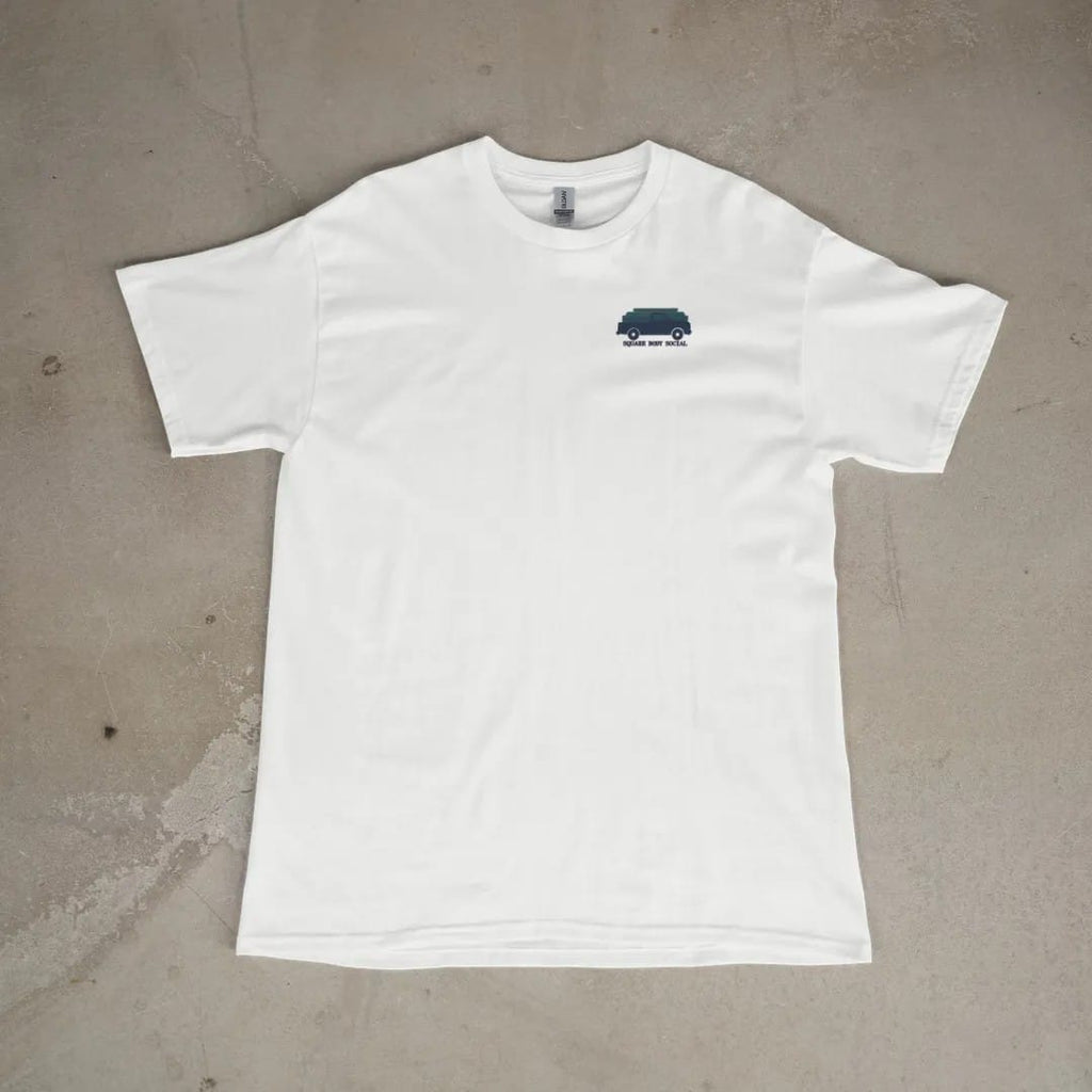 Front of a White tee laid flat, with the small Square Body Social logo on the left chest.