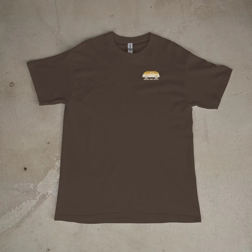 Front of a Espresso tee laid flat, with the small Square Body Social logo on the left chest.