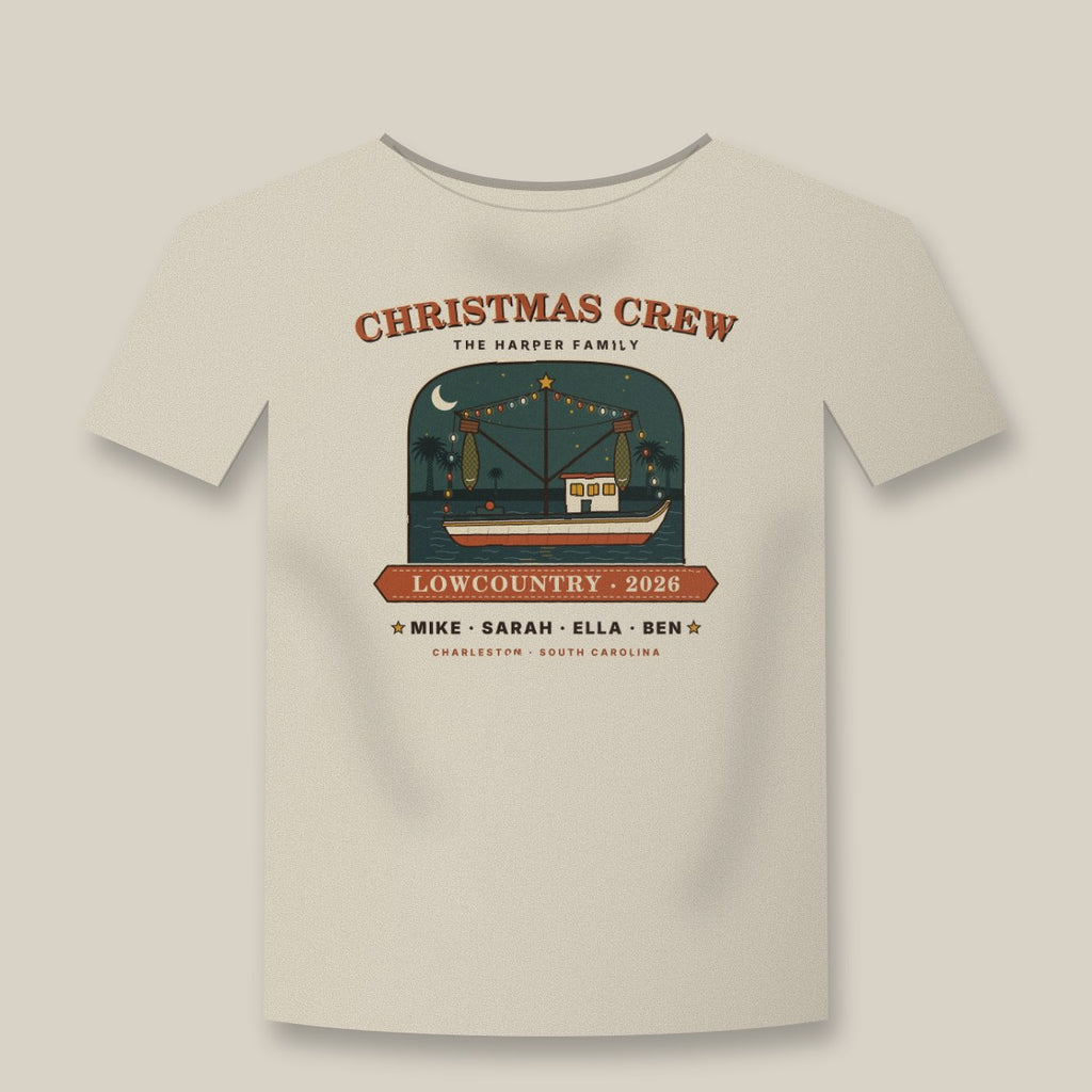 Personalized Christmas Crew family shirt with Lowcountry shrimp boat on an ivory tee