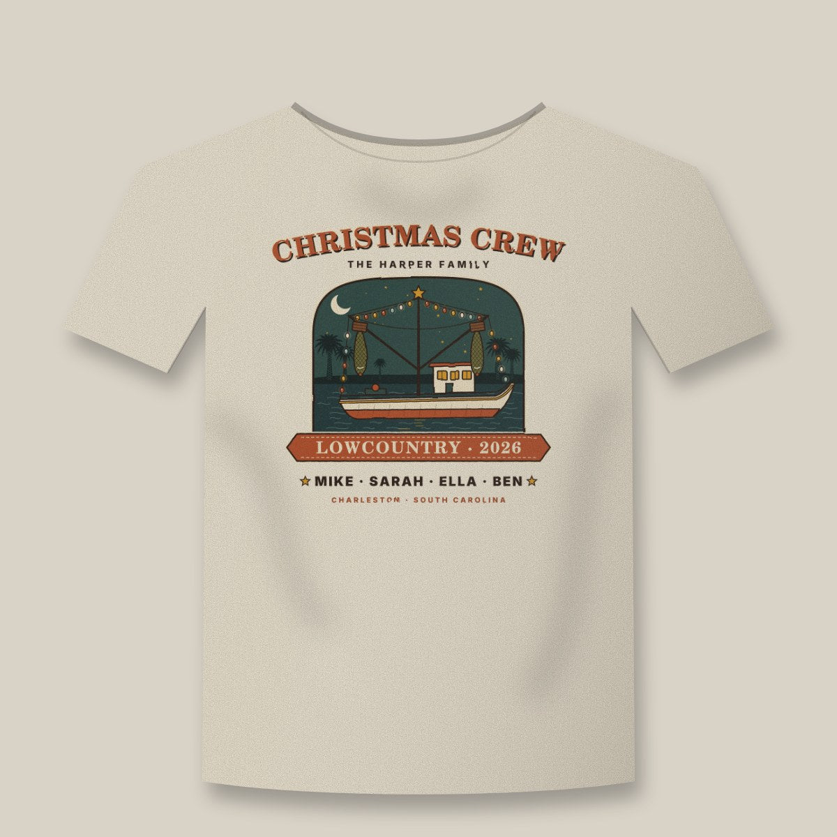Personalized Christmas Crew family shirt with Lowcountry shrimp boat on an ivory tee