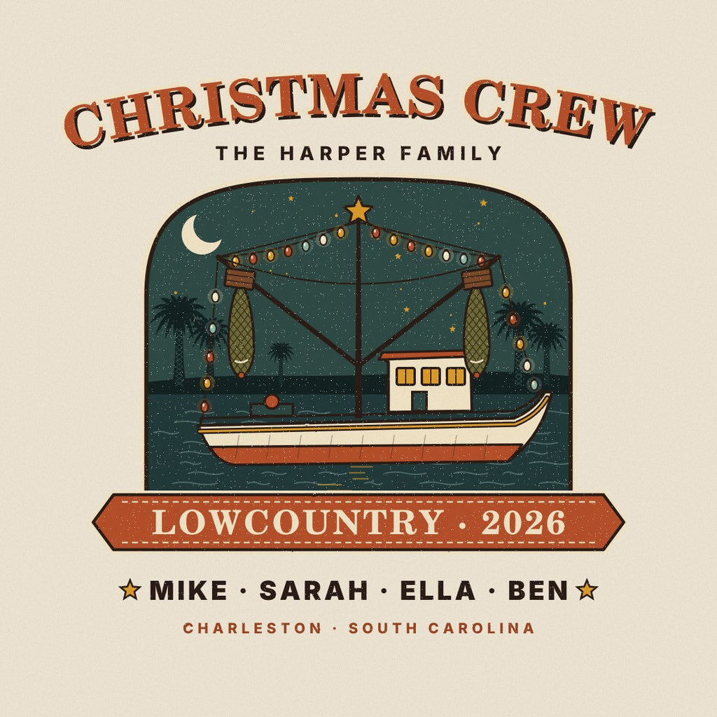 Christmas Crew artwork: shrimp boat strung with lights, family name and first names