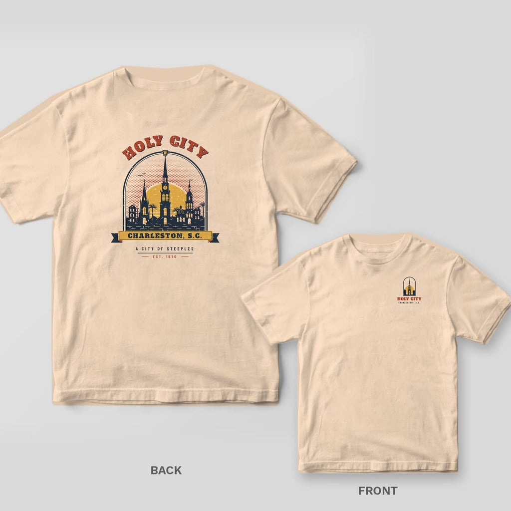 Ivory Comfort Colors tee shown back and front: a vintage Holy City steeple skyline badge on the back and a small steeple mark on the left chest.