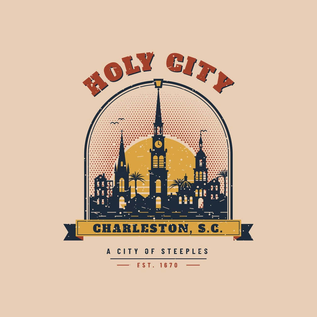 Close-up of the Holy City back print: hand-drawn steeples, a dome and a single house against a gold sun with halftone dots and a light worn texture.
