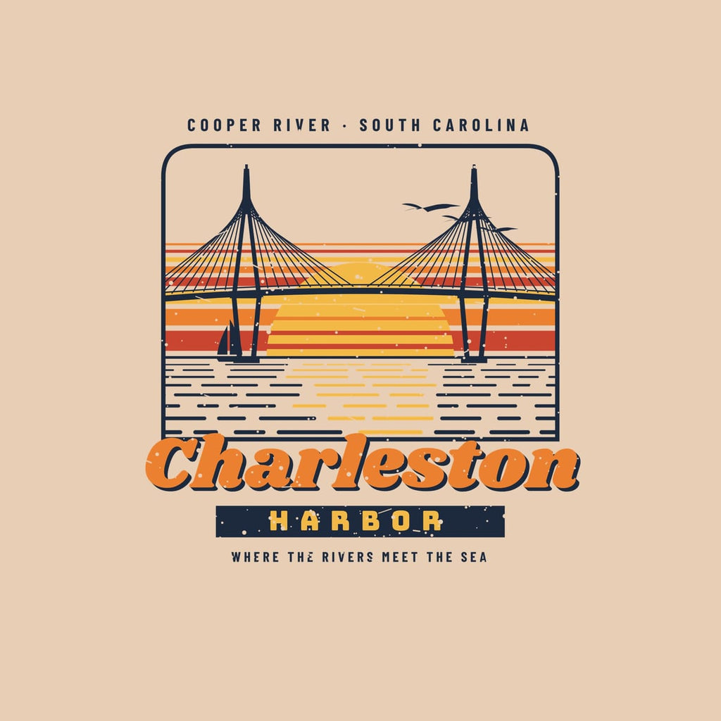 Close-up of the Charleston Harbor print: twin diamond bridge towers with cable fans, striped sun, sailboat, pelicans and dashed water lines.
