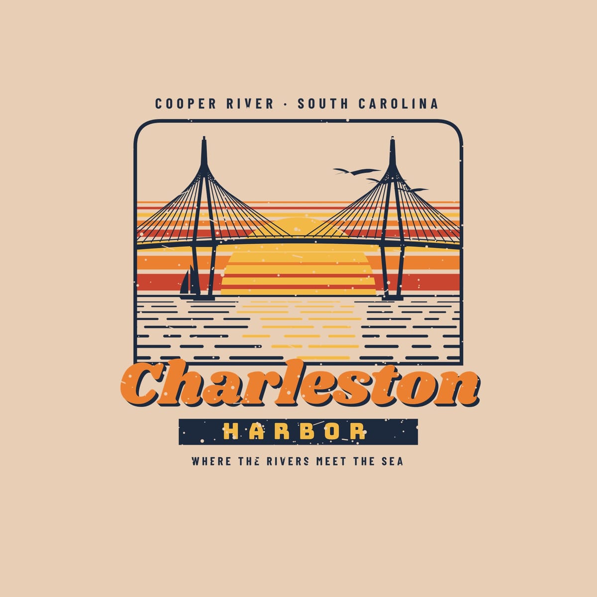 Close-up of the Charleston Harbor print: twin diamond bridge towers with cable fans, striped sun, sailboat, pelicans and dashed water lines.
