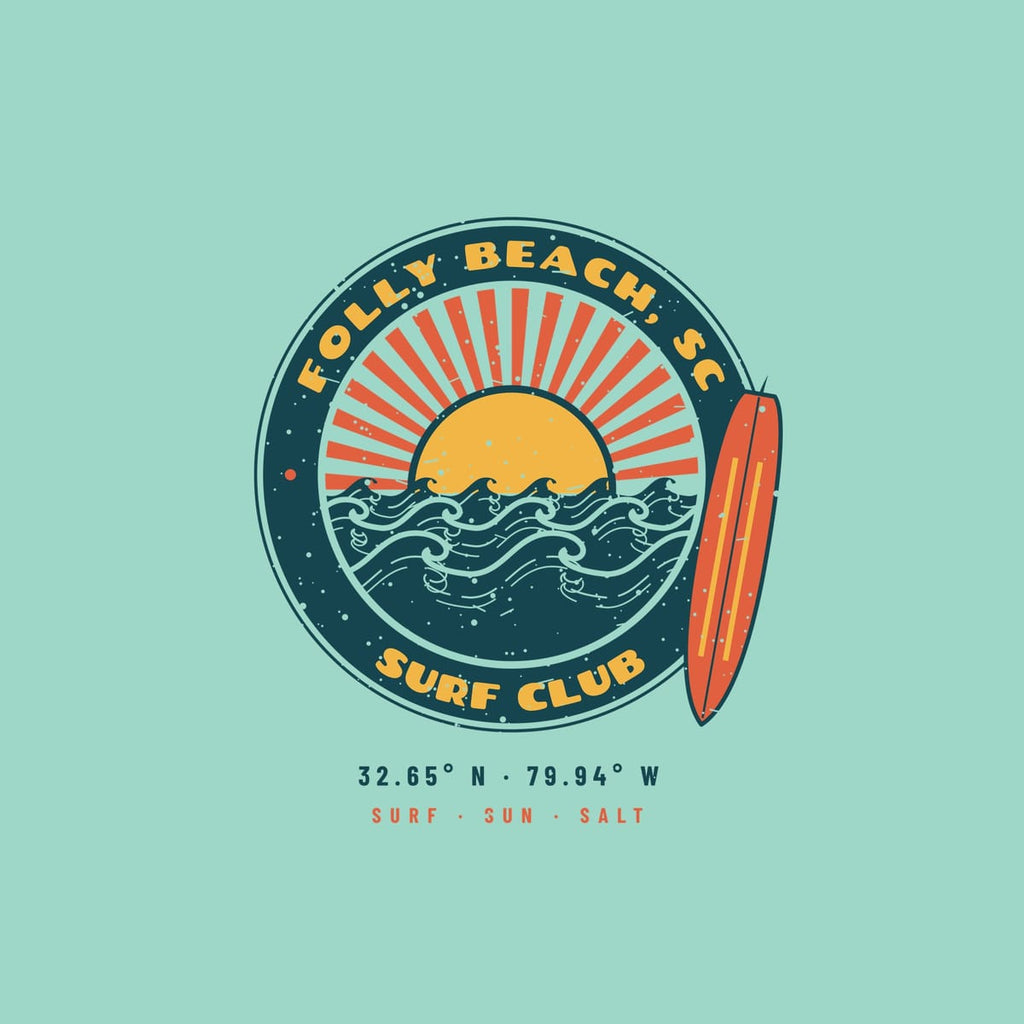 Close-up of the Folly Beach Surf Club print: coral sun rays, yellow sun, curling wave rows with knocked-out lines, and a striped longboard.