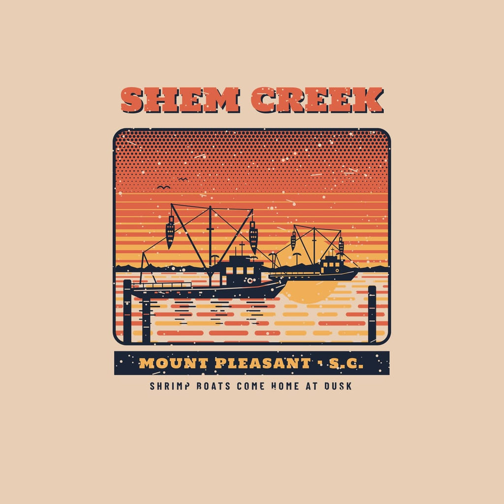 Close-up of the Shem Creek print: trawler wheelhouse, outrigger booms, hanging nets with trawl doors, dock pilings and halftone dusk sky.
