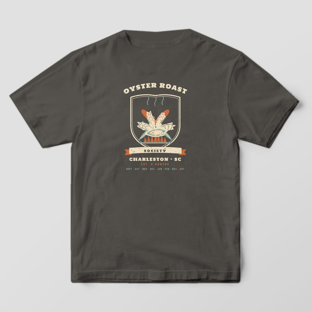 Back of a Pepper Comfort Colors 1717 tee with a cream, rust and sage crest reading Oyster Roast Society, Charleston SC, Est. R Months, with an oyster cluster over crossed knives.