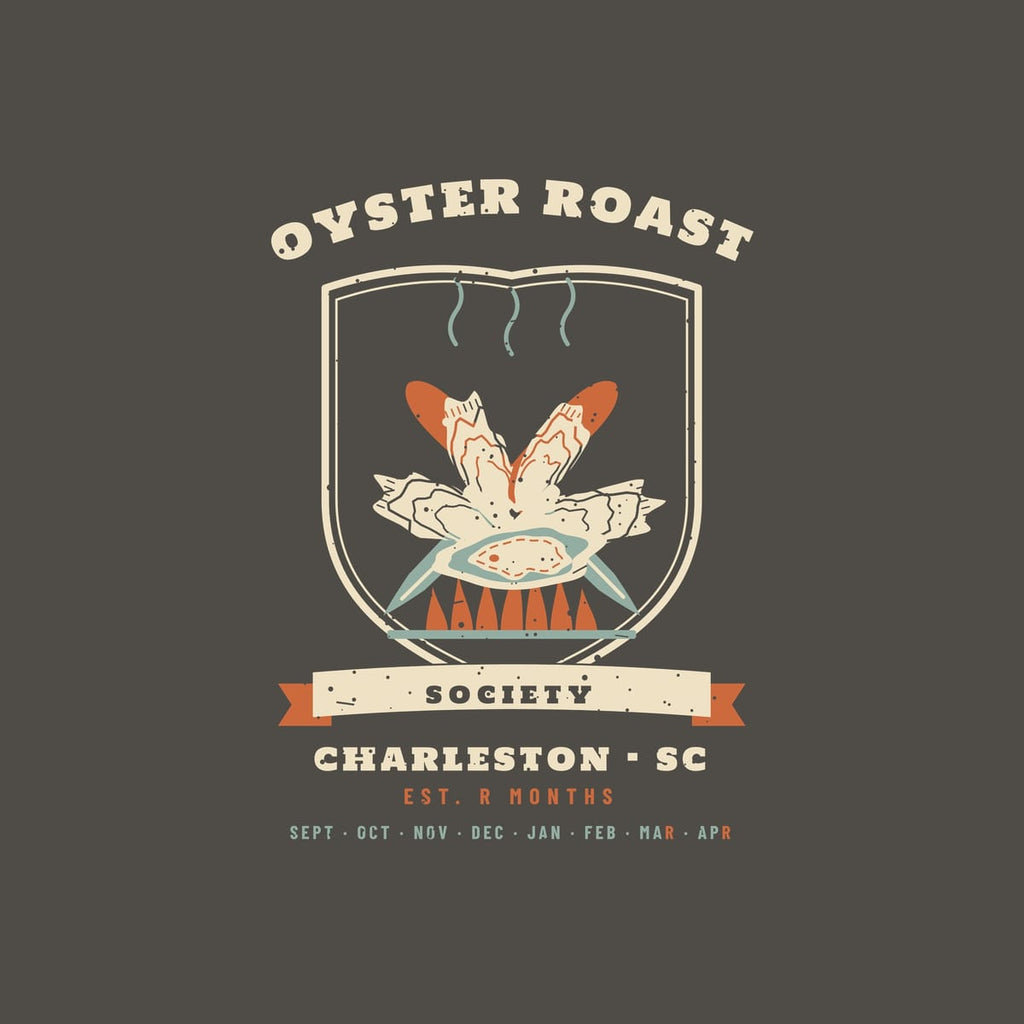 Close-up of the Oyster Roast Society print: rough oyster shells with growth lines, an oyster on the half shell, flames, and the months Sept to Apr.