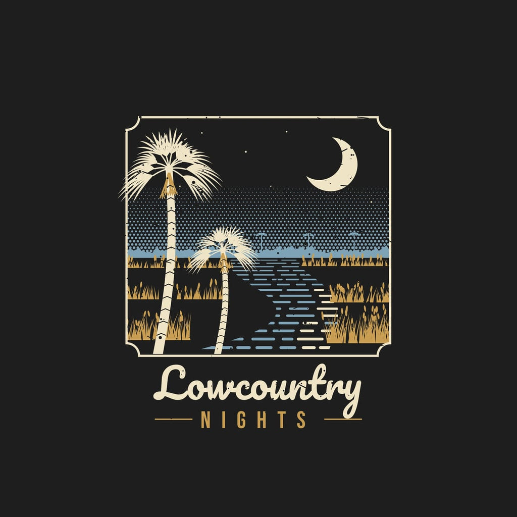 Close-up of the Lowcountry Nights print: palmetto fan fronds, crescent moon, halftone sky haze, moonlit creek ripples and golden spartina grass.