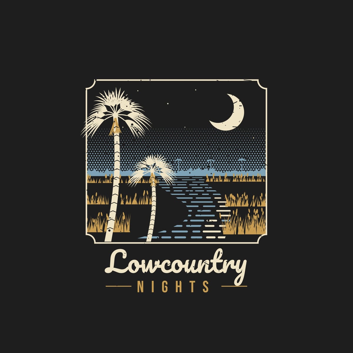 Close-up of the Lowcountry Nights print: palmetto fan fronds, crescent moon, halftone sky haze, moonlit creek ripples and golden spartina grass.