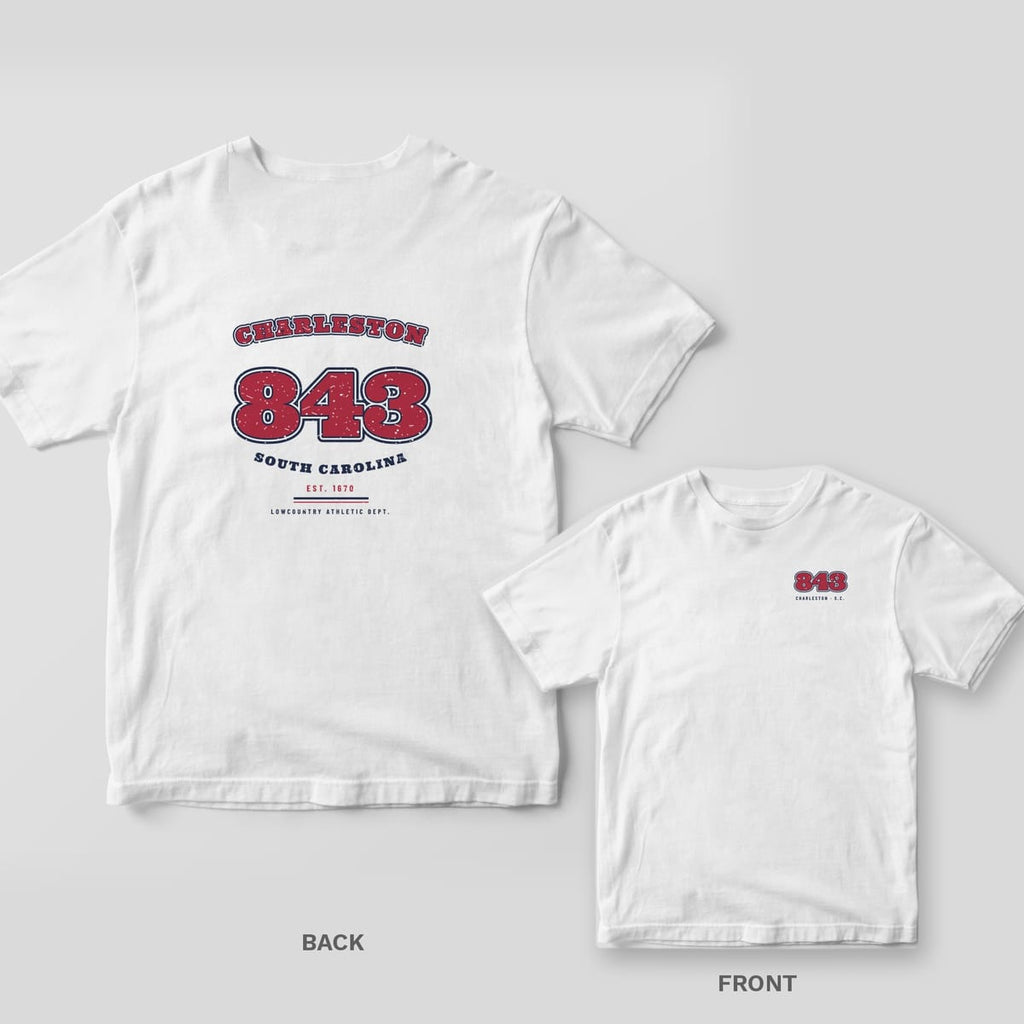 White Comfort Colors tee shown back and front: a collegiate varsity 843 Charleston South Carolina print on the back and a small 843 on the left chest.