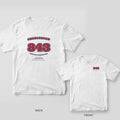 White Comfort Colors tee shown back and front: a collegiate varsity 843 Charleston South Carolina print on the back and a small 843 on the left chest.