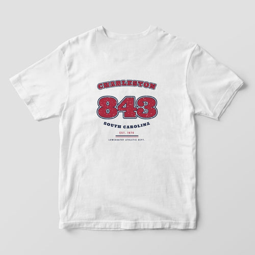 Back of a White Comfort Colors 1717 tee with a garnet and navy varsity design: CHARLESTON arched over a large outlined 843 and SOUTH CAROLINA below.