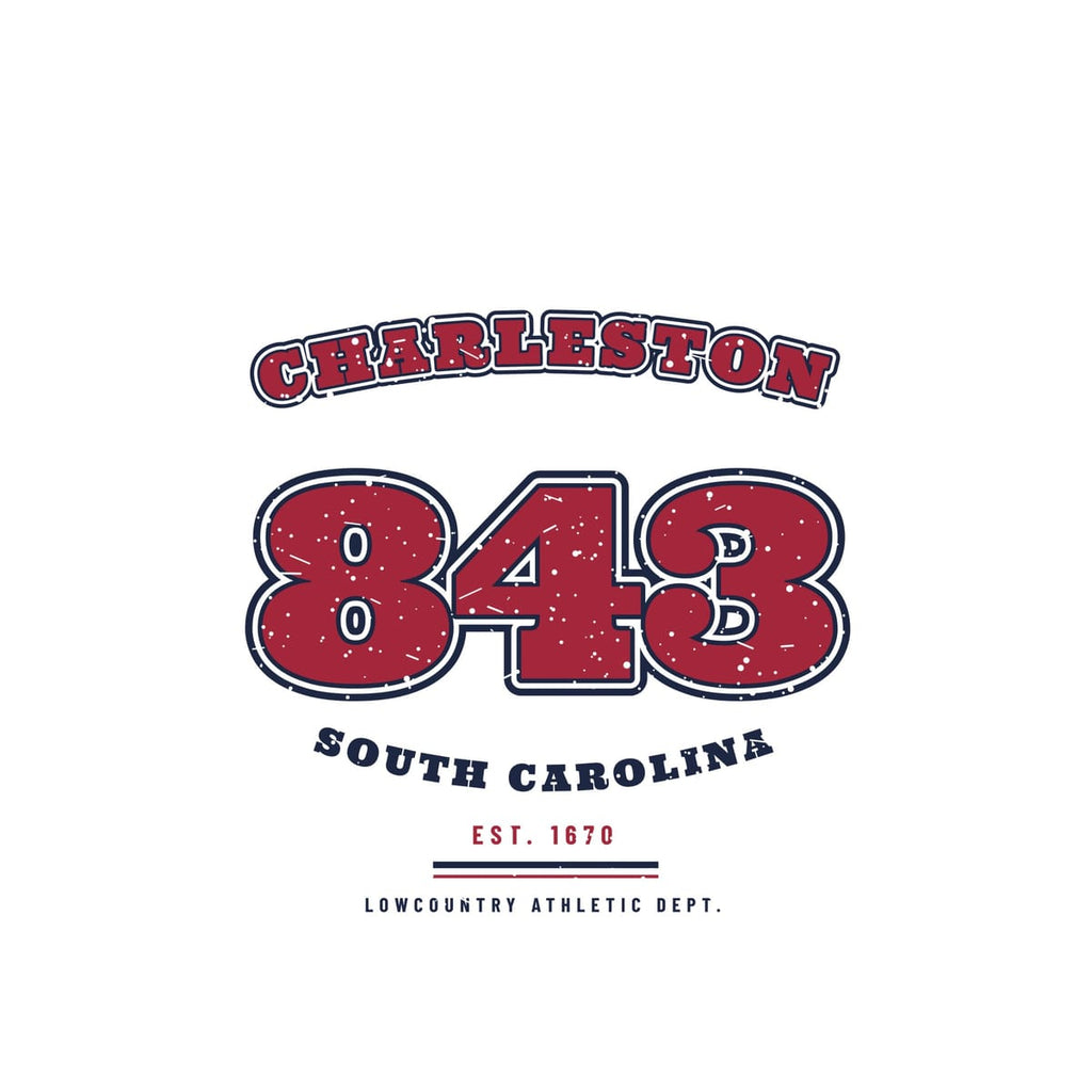 Close-up of the 843 Varsity print: slab varsity numbers with a navy inner outline, a gap and an outer ring, and a light distressed texture.