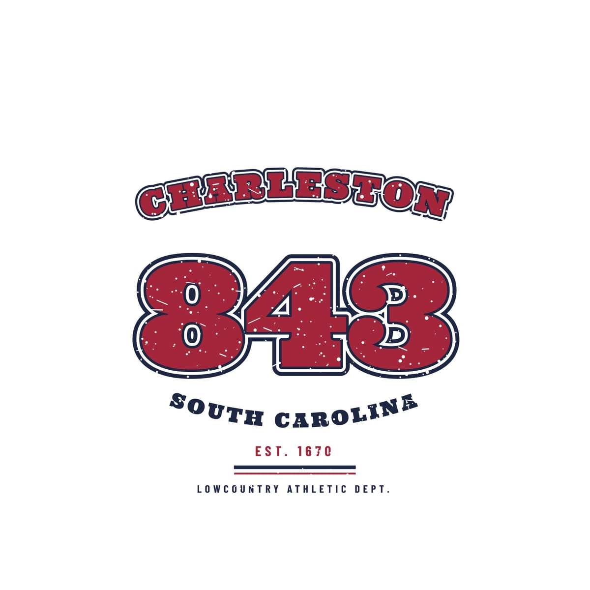Close-up of the 843 Varsity print: slab varsity numbers with a navy inner outline, a gap and an outer ring, and a light distressed texture.