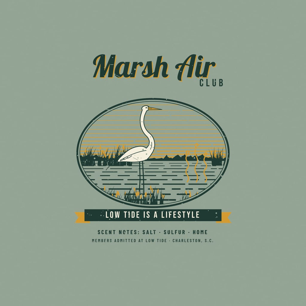 Close-up of the Marsh Air Club print: great egret with S-curved neck and gold bill, spartina with seed heads, wiggly aroma lines and scent notes text.