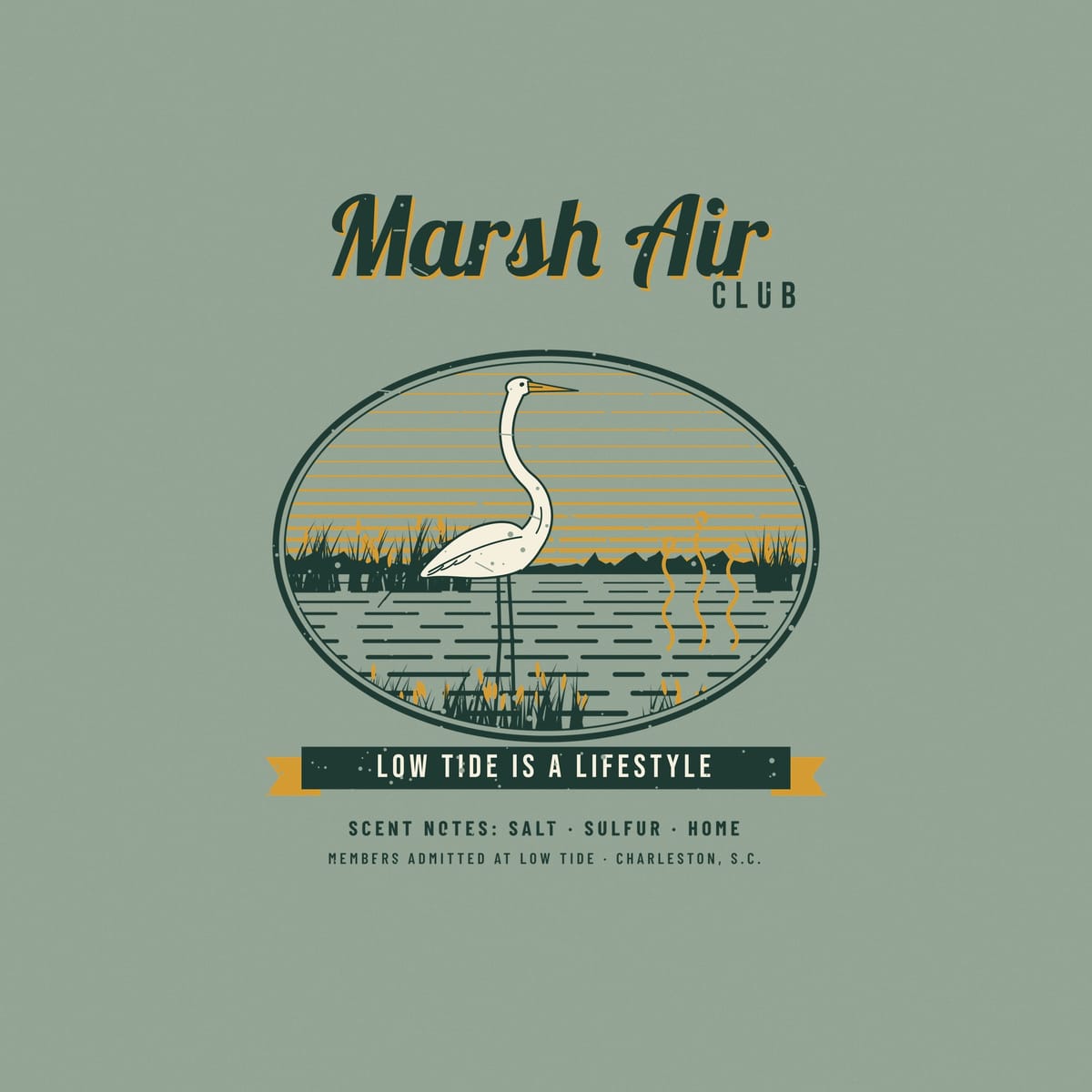 Close-up of the Marsh Air Club print: great egret with S-curved neck and gold bill, spartina with seed heads, wiggly aroma lines and scent notes text.