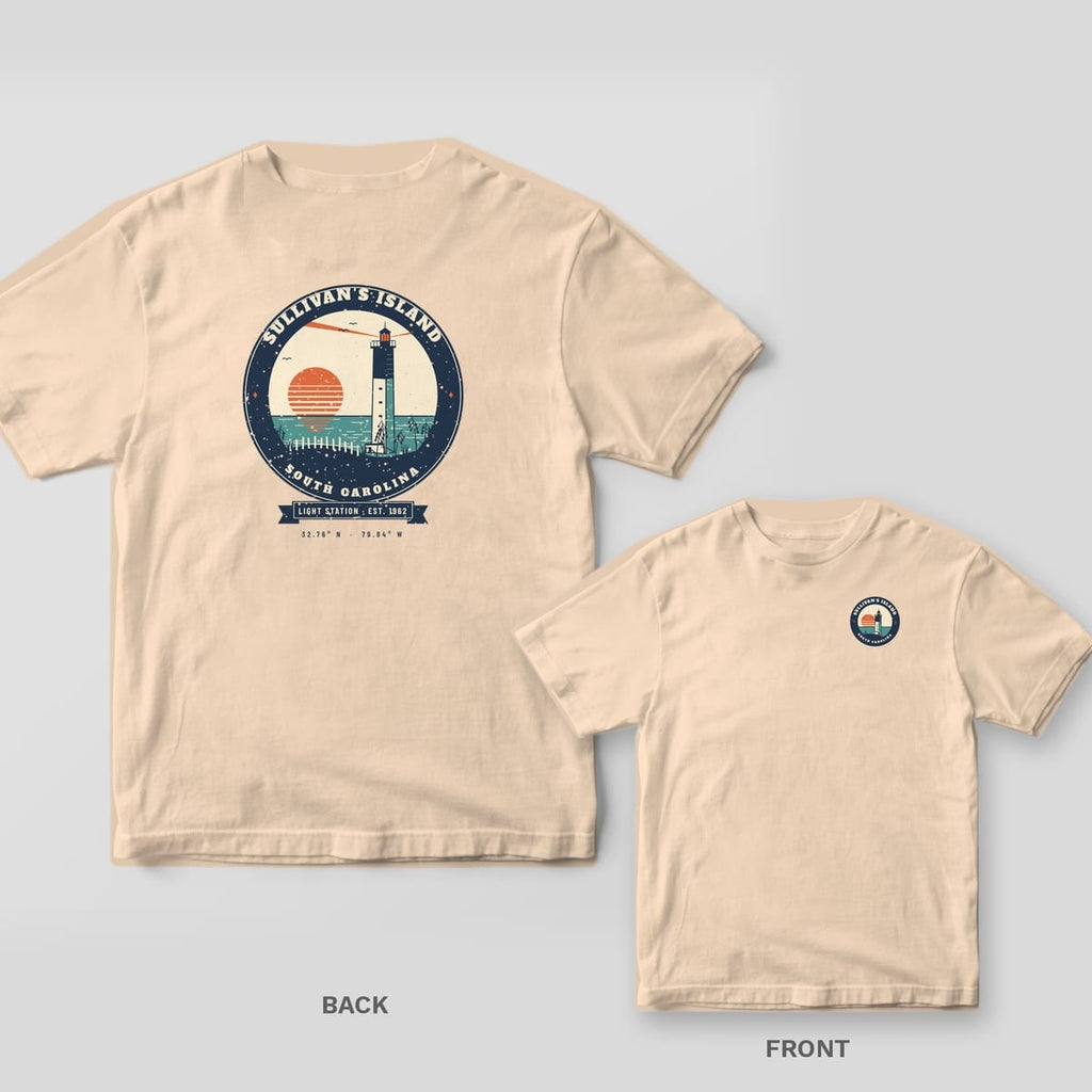 Ivory Comfort Colors tee shown back and front: a round retro Sullivan's Island lighthouse badge on the back and a small matching badge on the left chest.