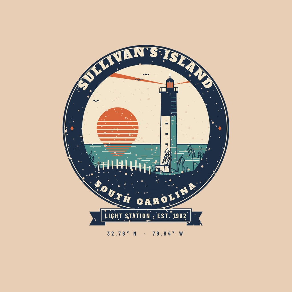 Close-up of the back print: triangular lighthouse, striped sun, sand fence and sea oats inside a navy ring with a light worn texture.