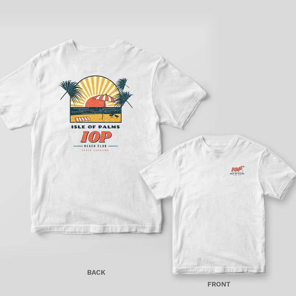 White Comfort Colors tee shown back and front: a retro Isle of Palms beach club scene on the back and a small IOP umbrella mark on the chest.