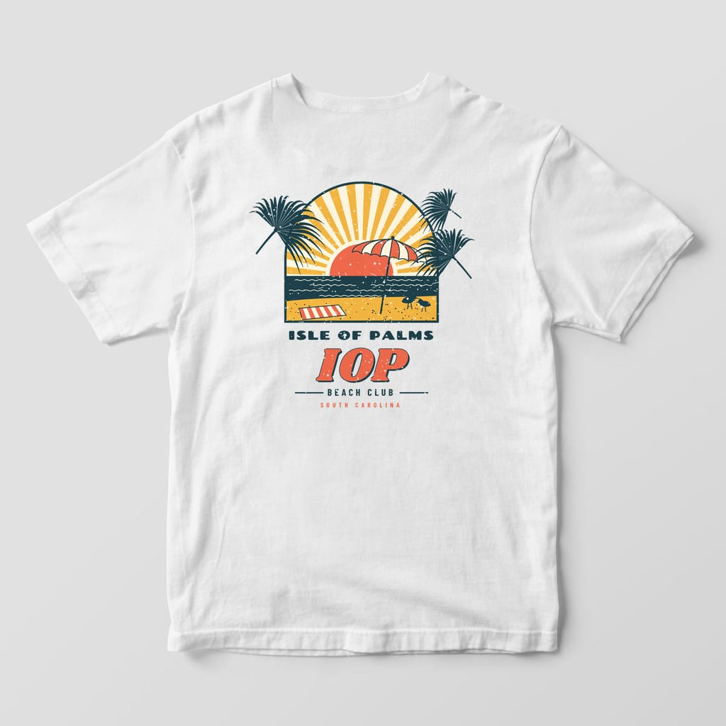Back of a White Comfort Colors 1717 tee with a coral, mustard and deep teal sunburst beach scene above the words Isle of Palms, IOP, Beach Club.