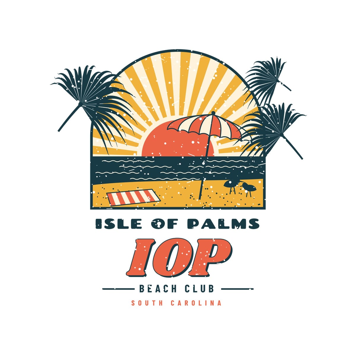 Close-up of the back print: sunburst rays, striped umbrella, palmetto fan fronds and bold IOP lettering with a light vintage texture.