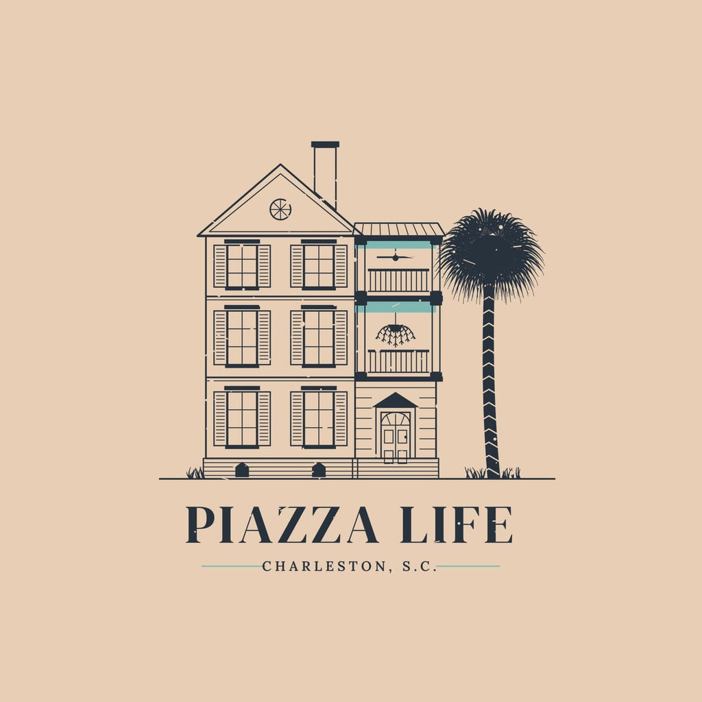 Close-up of the back print: shutters, piazza columns and balustrades, haint blue ceilings and a palmetto in fine charcoal lines.
