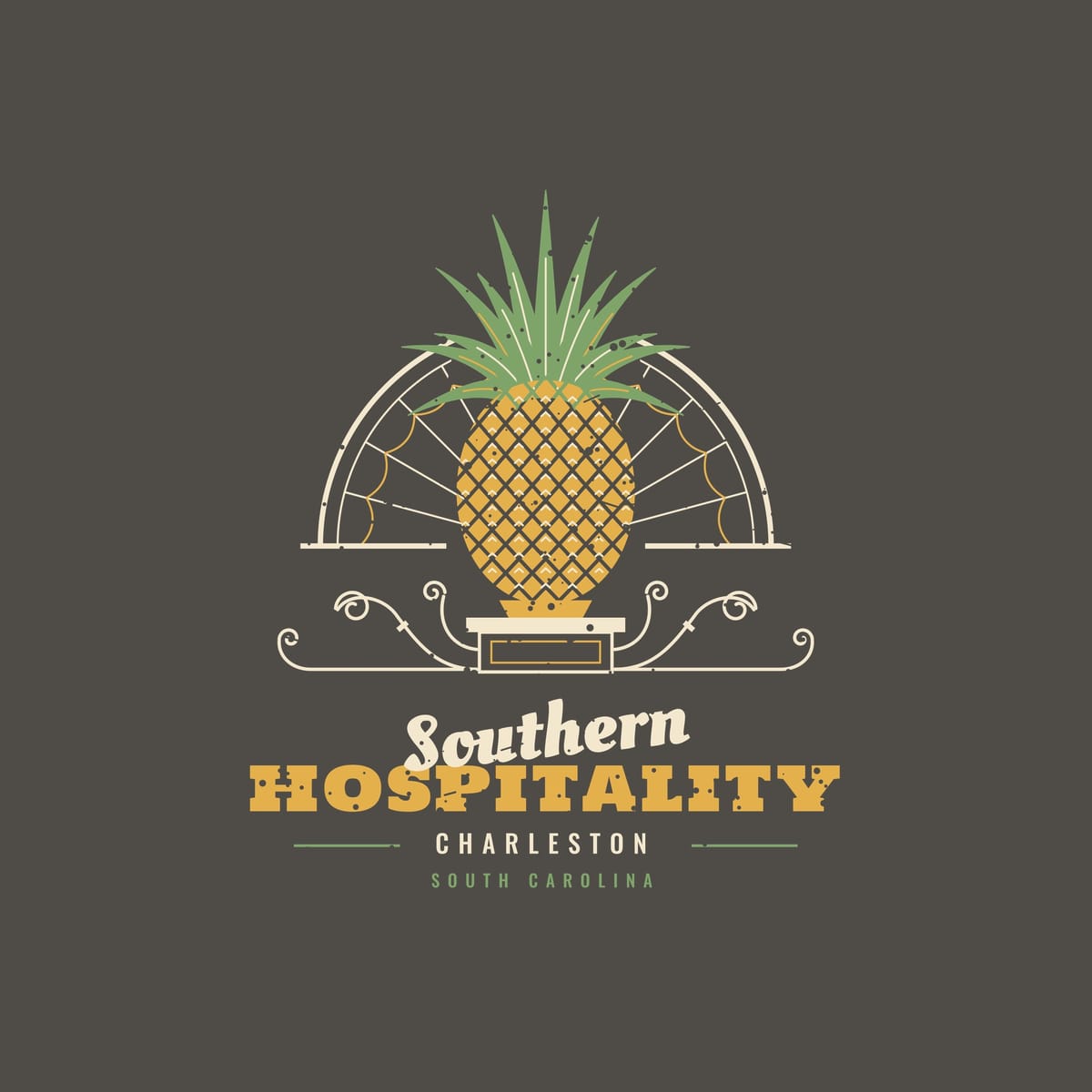 Close-up of the back print: crosshatched gold pineapple, green crown leaves, fanlight spokes and wrought-iron scrolls with a light worn texture.