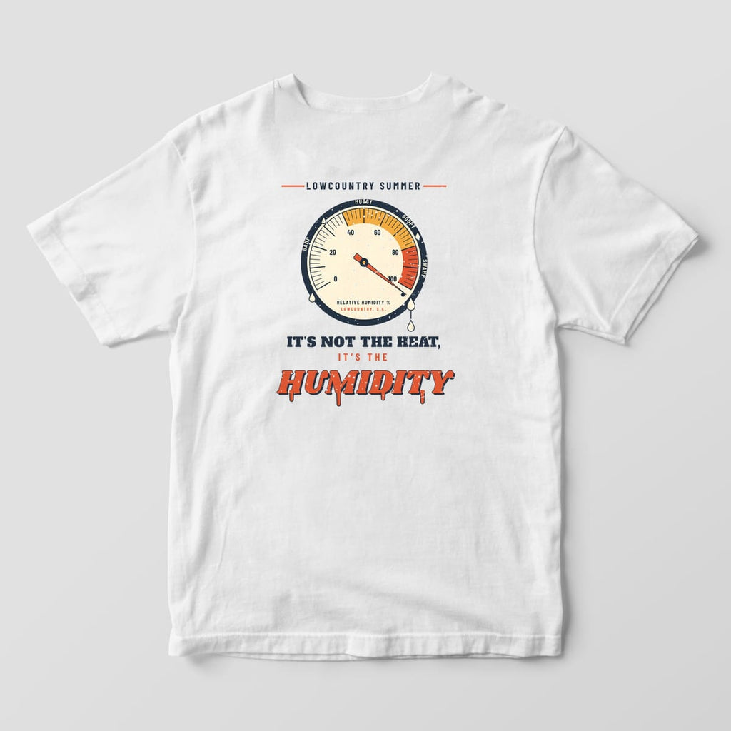Back of a White Comfort Colors 1717 tee with a navy, red and mustard humidity dial pinned past 100 above the words It's not the heat, it's the humidity.