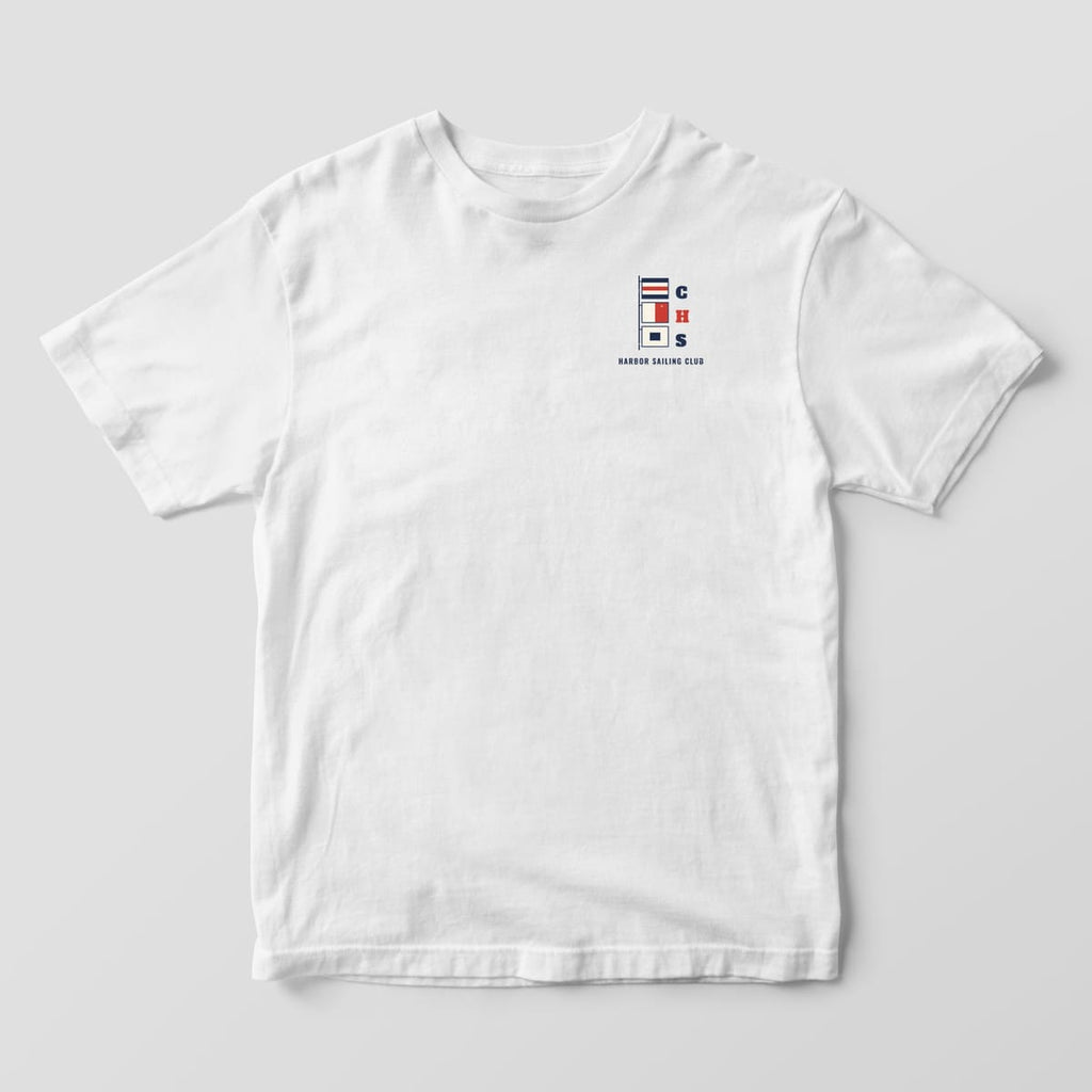 Front of a White Comfort Colors 1717 tee with a small left-chest stack of C, H and S signal flags.