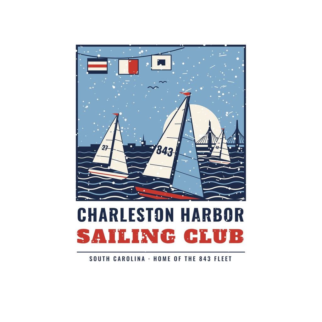 Close-up of the back print: sloops with sail numbers, wave bands, a steeple and bridge skyline and C-H-S signal flags.