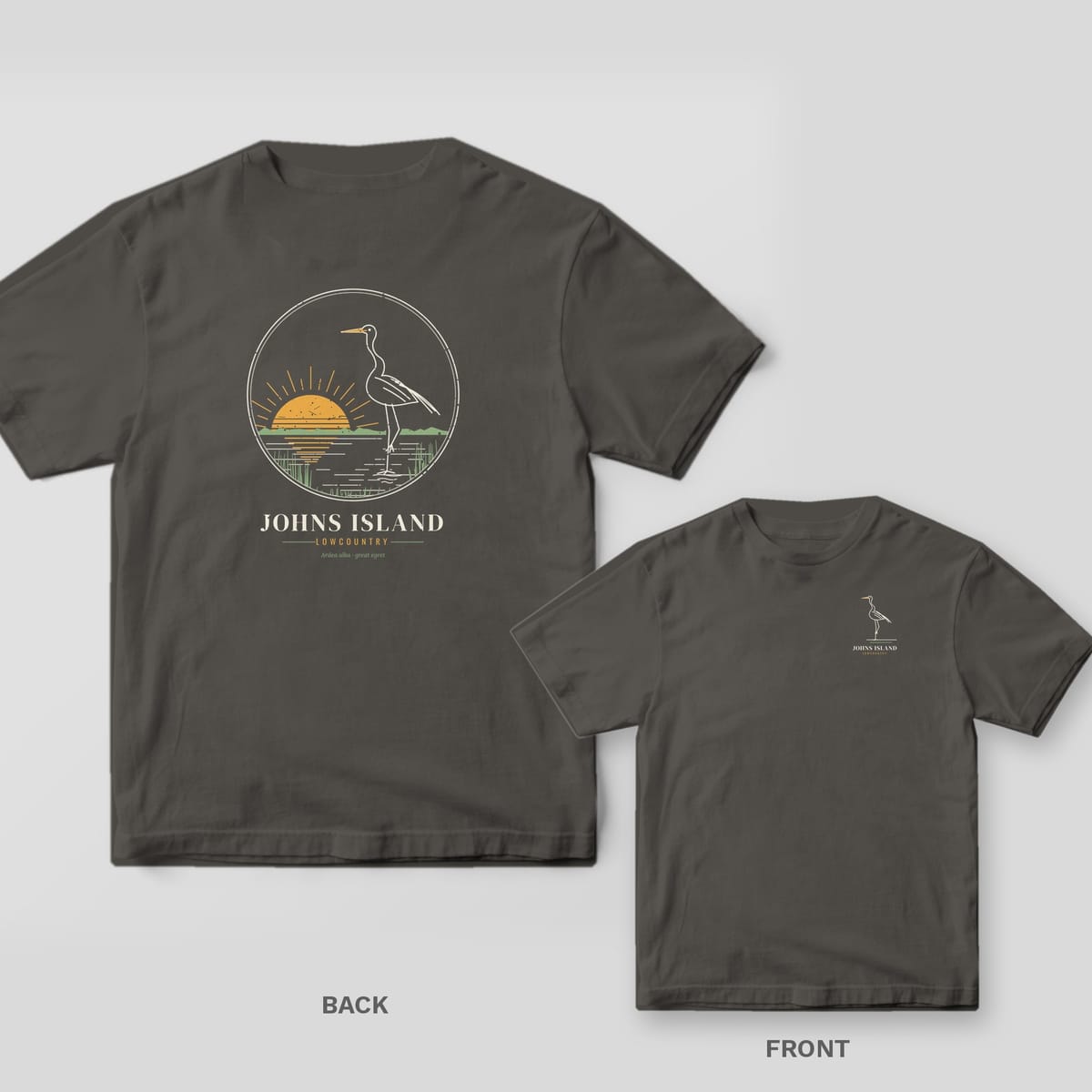 Pepper Comfort Colors tee shown back and front: a great egret marsh sunrise in fine line art on the back and a small egret on the chest.