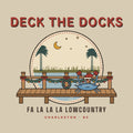 Deck the Docks artwork: blue crab in a Santa hat stringing lights on a decorated Lowcountry dock