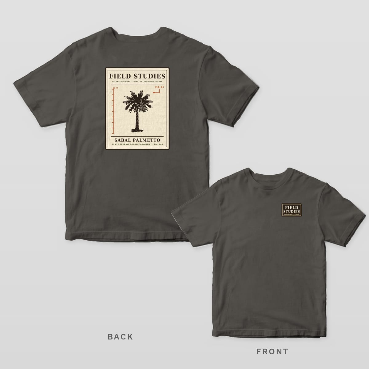 Pepper Comfort Colors tee shown back and front: a cream Field Studies specimen card of a sabal palmetto on the back and a small Field Studies label on the left chest.