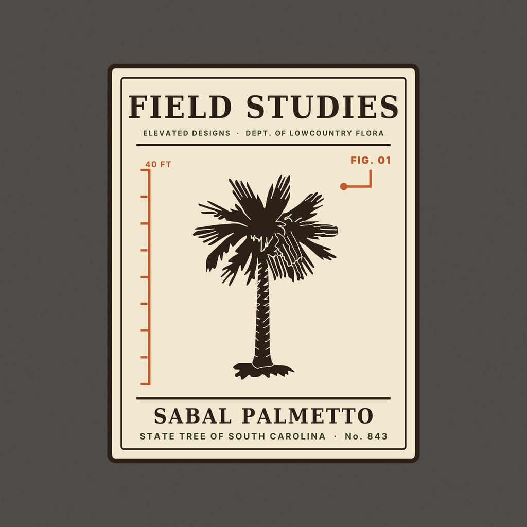Close-up of the Field Studies print: a dark palmetto tree, rust height ruler marked 40 FT, FIG. 01 callout and the line STATE TREE OF SOUTH CAROLINA · No. 843.