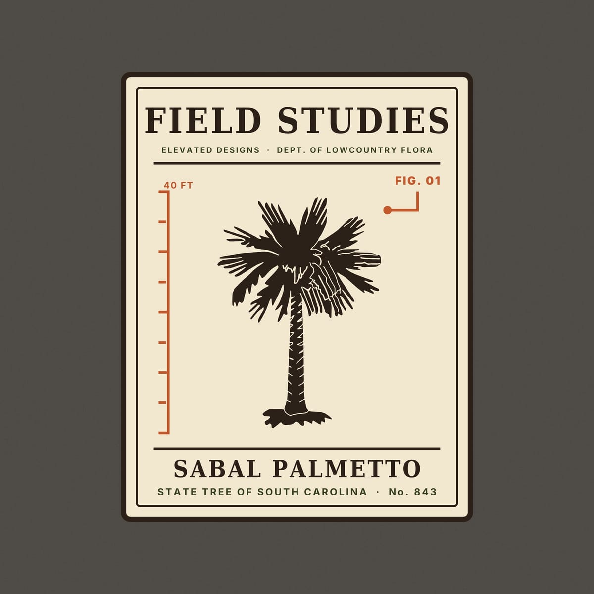 Close-up of the Field Studies print: a dark palmetto tree, rust height ruler marked 40 FT, FIG. 01 callout and the line STATE TREE OF SOUTH CAROLINA · No. 843.