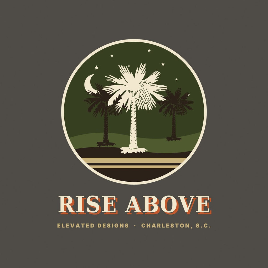 Close-up of the Rise Above print: a cream palmetto flanked by two dark palmettos, a crescent moon, small stars and tan stripes along the bottom.
