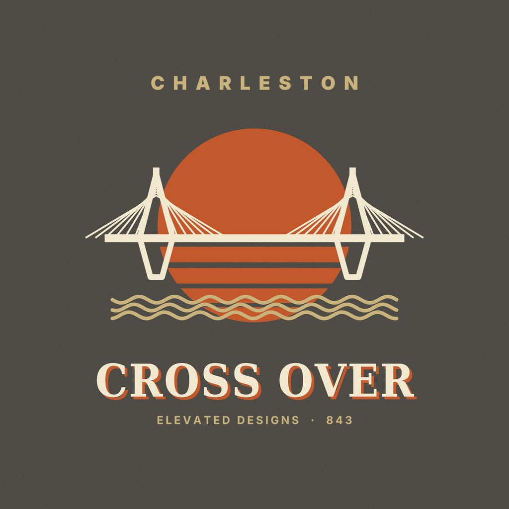 Close-up of the Cross Over print: cream bridge towers and fanned cables in front of an orange sun cut with stripes, over two tan wavy lines.