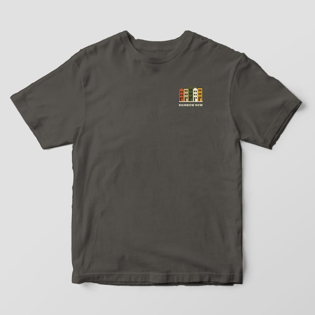 Front of a Pepper Comfort Colors 1717 tee with a small left-chest row of five colorful houses above the words RAINBOW ROW.