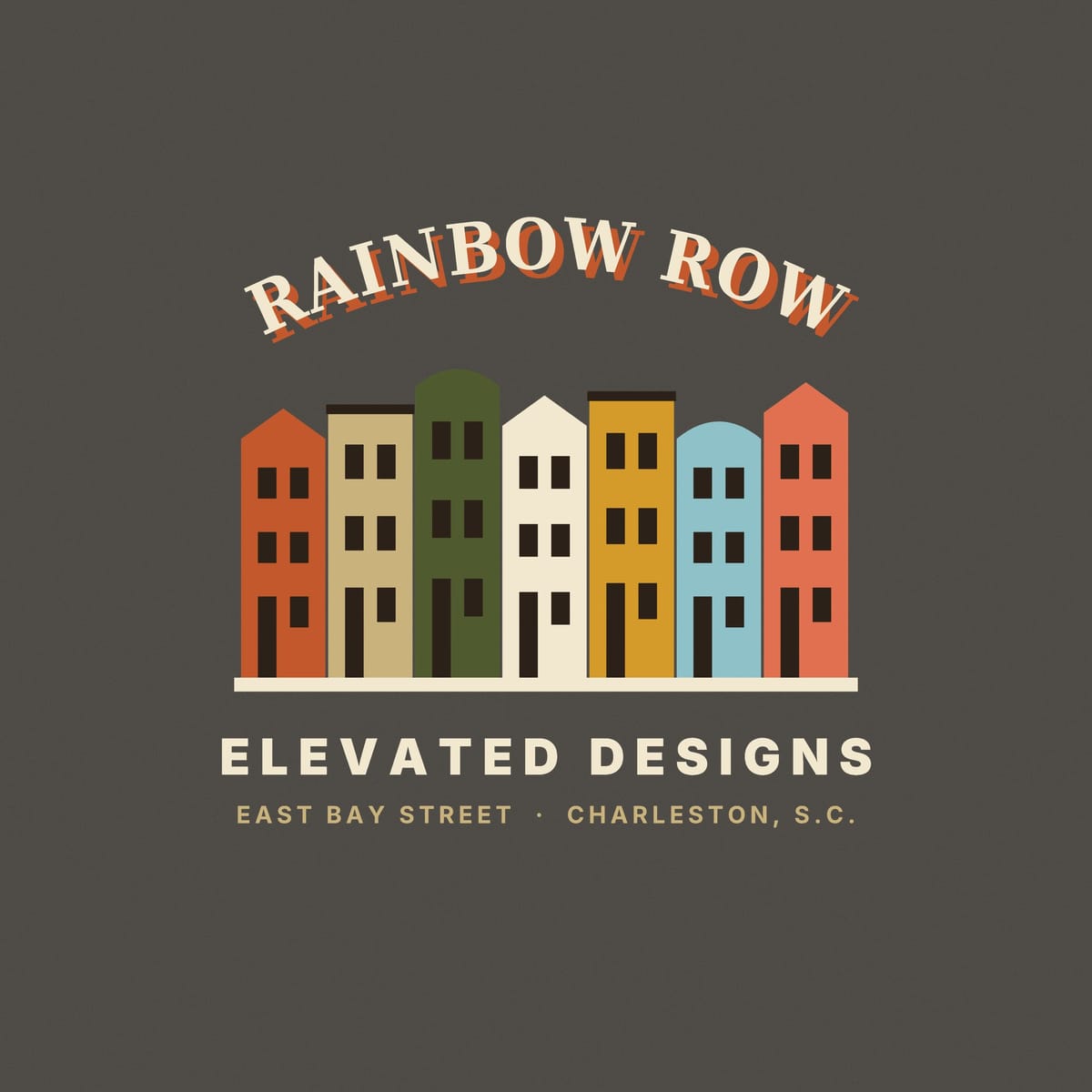 Close-up of the Rainbow Row print: flat-color row houses with dark windows and doors, peaked, flat and arched rooflines, on a cream base line.
